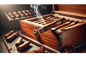 A luxurious wooden humidor filled with premium cigars, with a single lit cigar resting at the edge, emitting a gentle wisp of smoke. The setup is surrounded by a few scattered cigar leaves, creating a rustic and elegant ambiance.