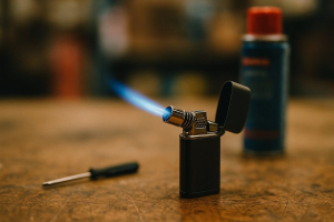 Cigar torch lighter with a lit blue jet flame on a workbench beside a screwdriver and butane can