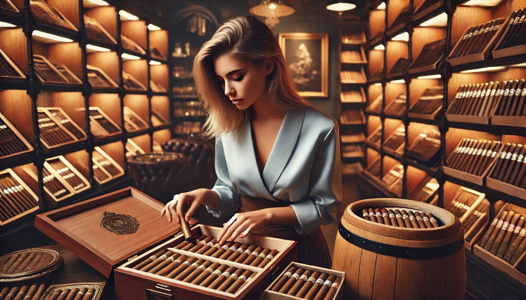 Woman arranging cigars in a wooden humidor in a luxurious cigar lounge.