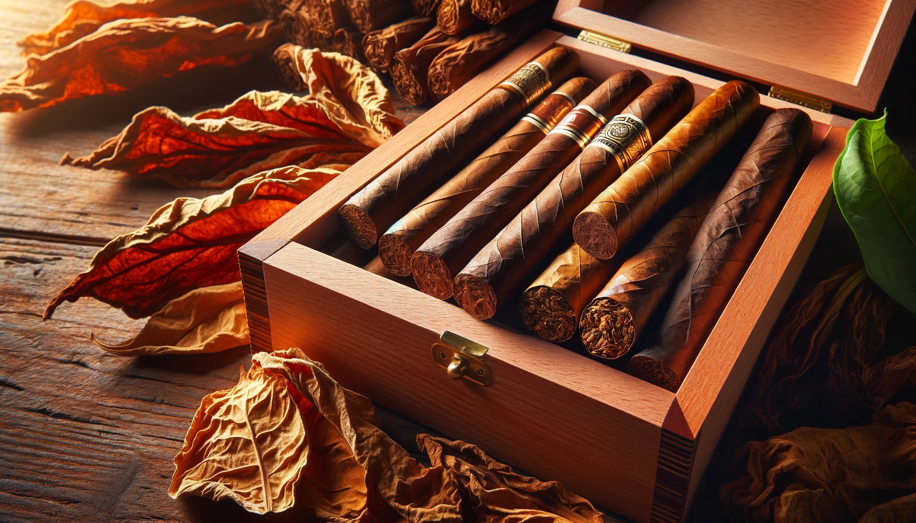 Wooden humidor with premium cigars and dried tobacco leaves, warmly lit for a refined presentation.