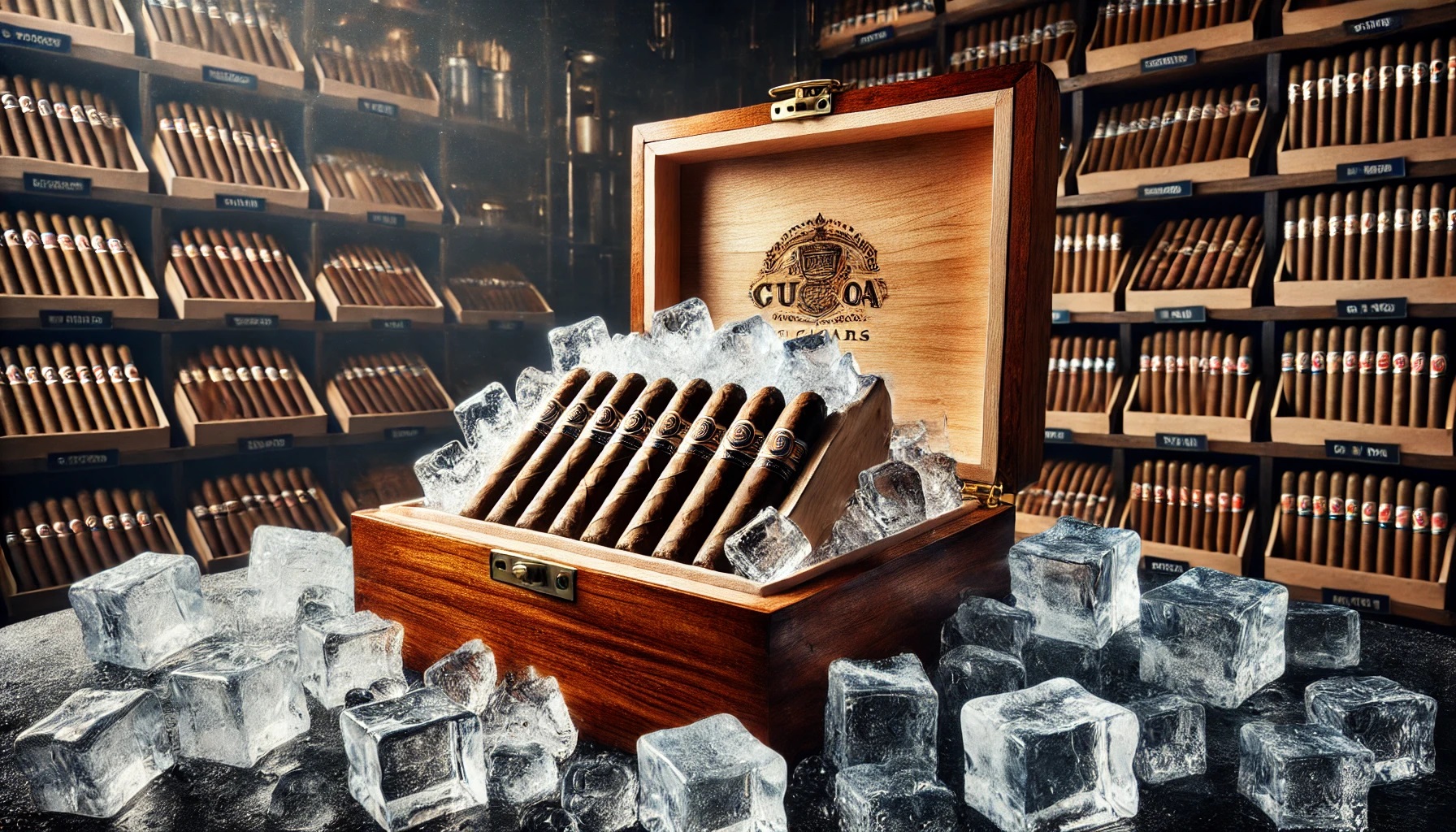 Wooden humidor filled with cigars, surrounded by ice cubes, set against a backdrop of cigar shelves.