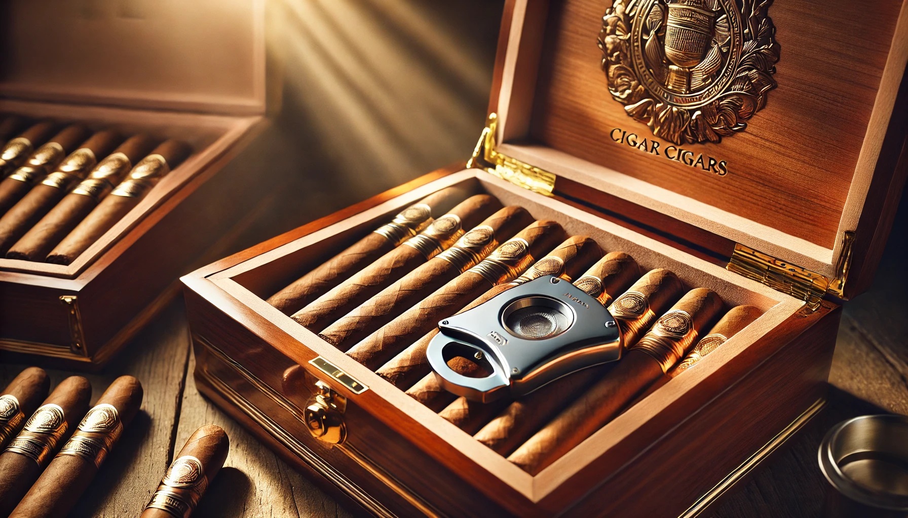 Luxurious wooden humidor filled with premium cigars, featuring a sleek metal cigar cutter on top, warmly lit by sun rays.