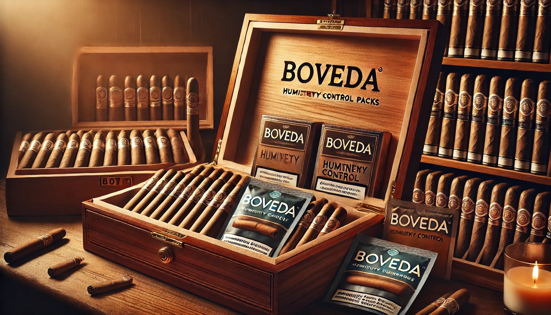 Wooden humidor with premium cigars and Boveda humidity packs, arranged in an elegant, warmly lit setting.