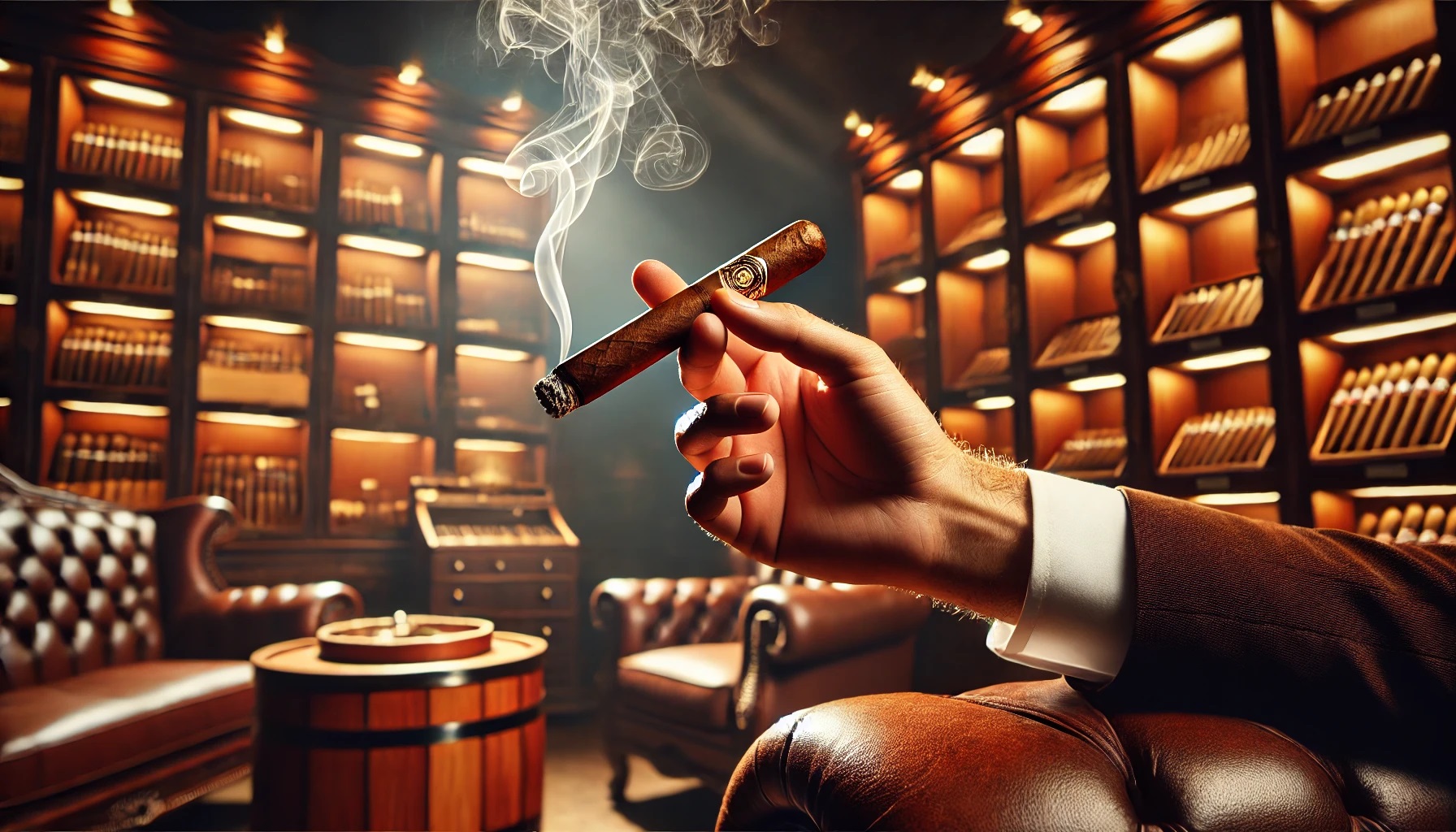 Hand holding a lit cigar with smoke curling in a luxurious cigar lounge.