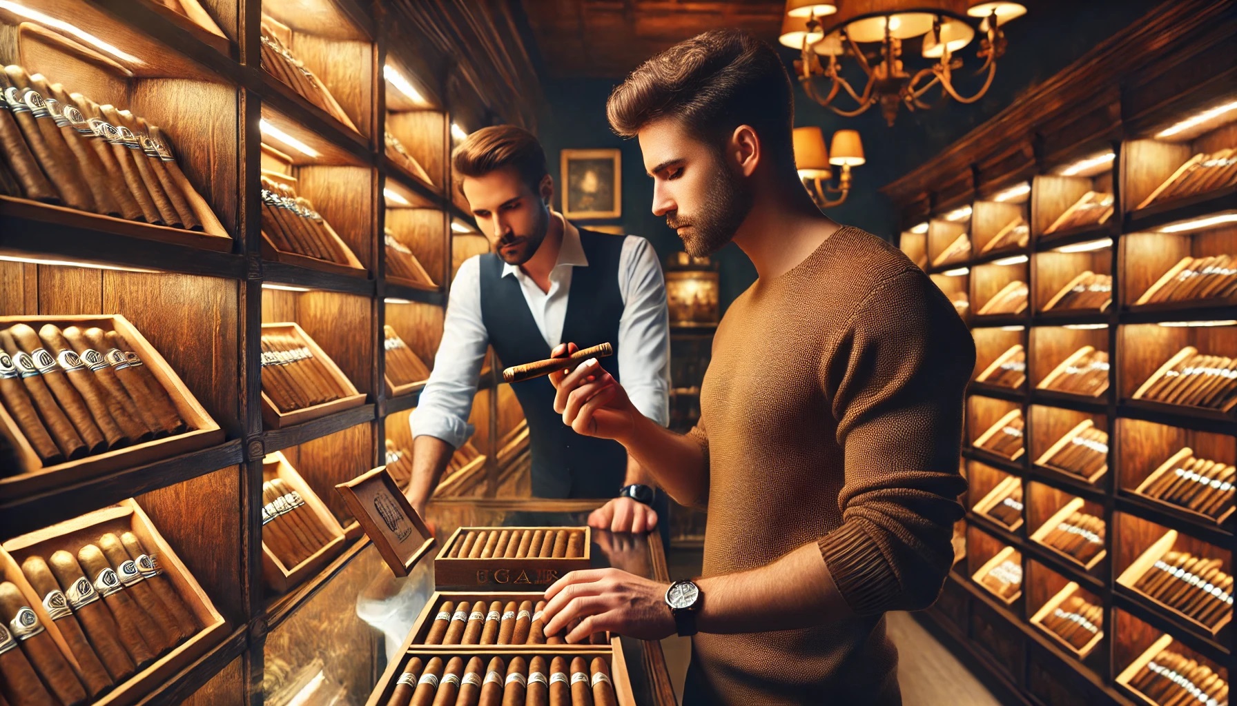 A man inspecting a cigar in a luxurious, warmly lit cigar lounge filled with wooden shelves stocked with cigars.