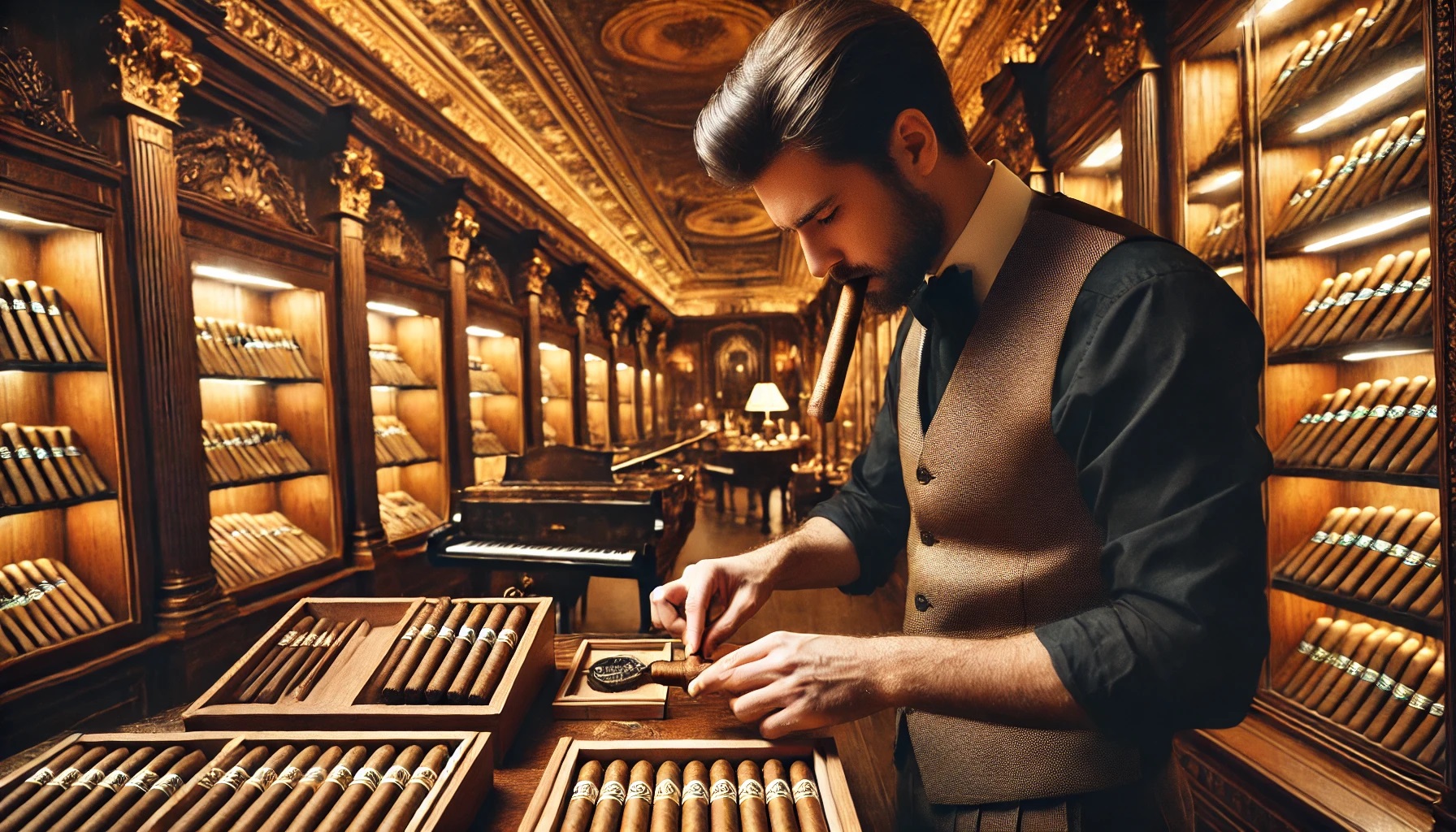 Man carefully cutting a cigar without a cutter in an ornate cigar lounge.