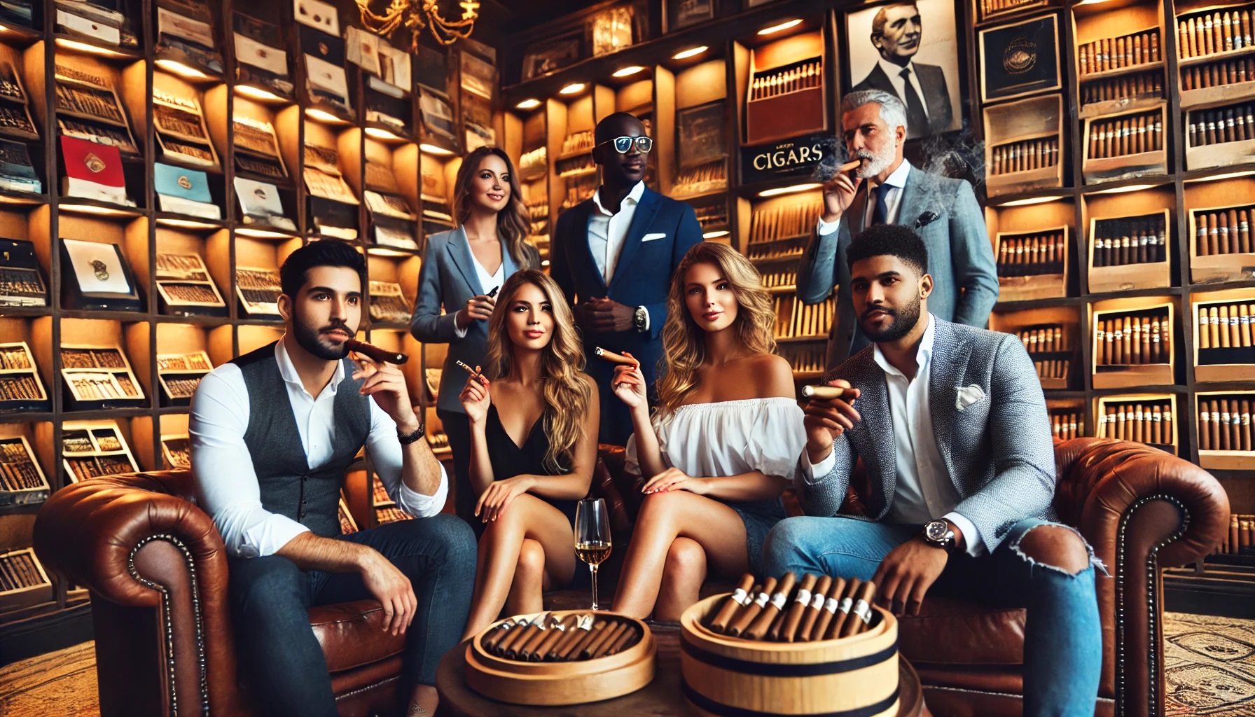 A stylish, diverse group enjoying cigars in a cozy, luxurious cigar lounge.