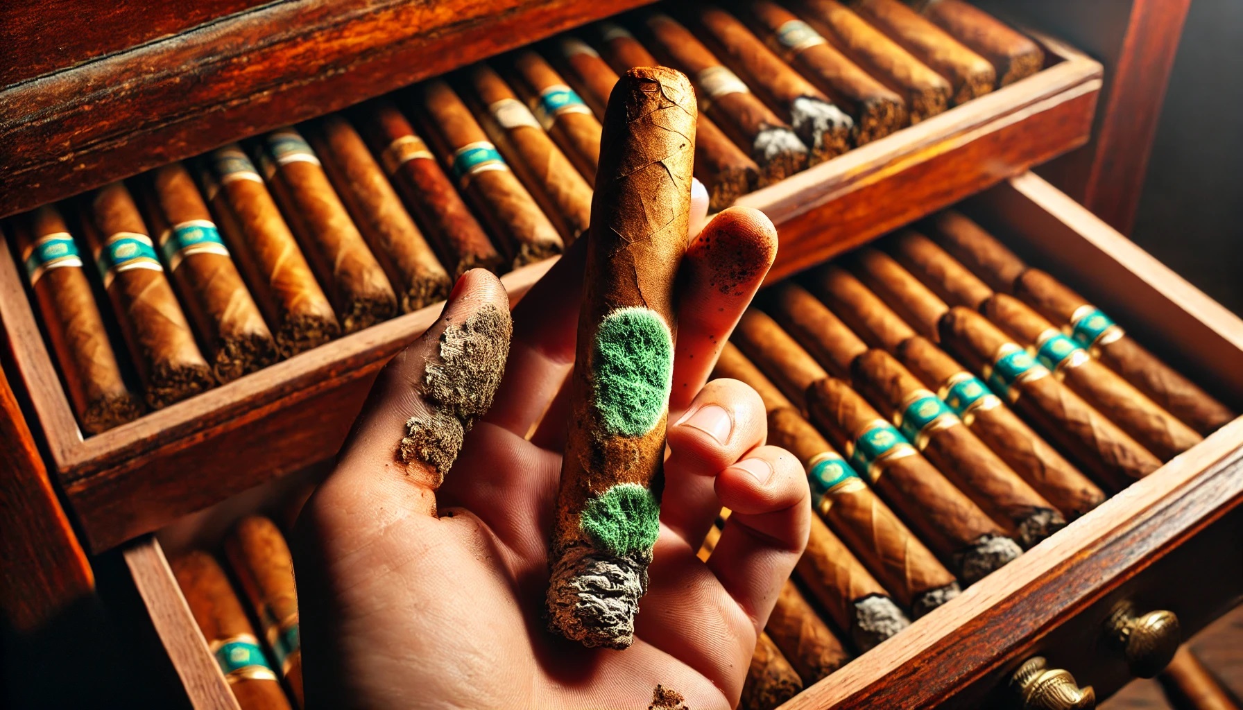 Hand holding a moldy cigar with green spots, in front of a humidor filled with cigars.