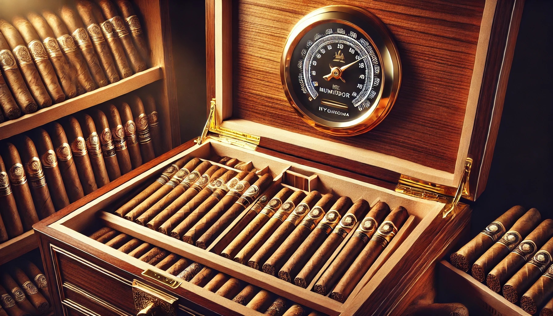 An elegant open humidor filled with premium cigars, featuring a hygrometer for monitoring humidity levels.