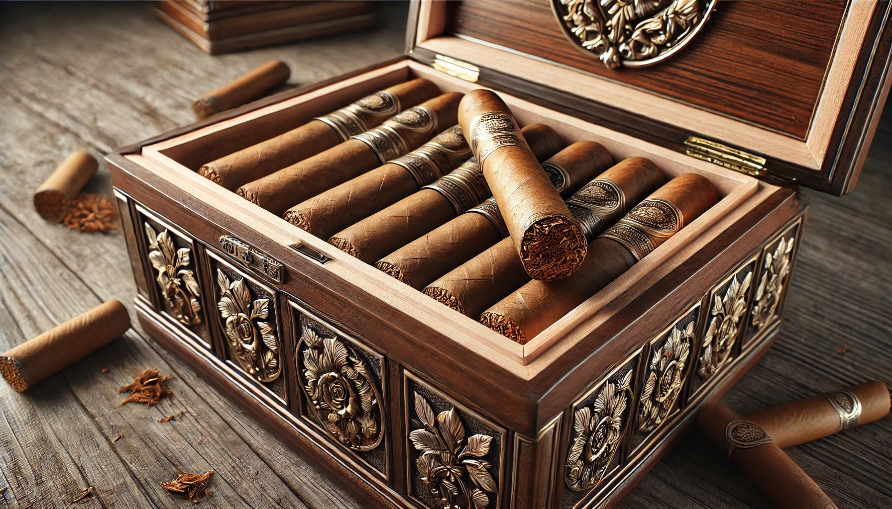 Elegant wooden humidor with premium cigars, one cigar showing torn wrapper revealing dried leaves.