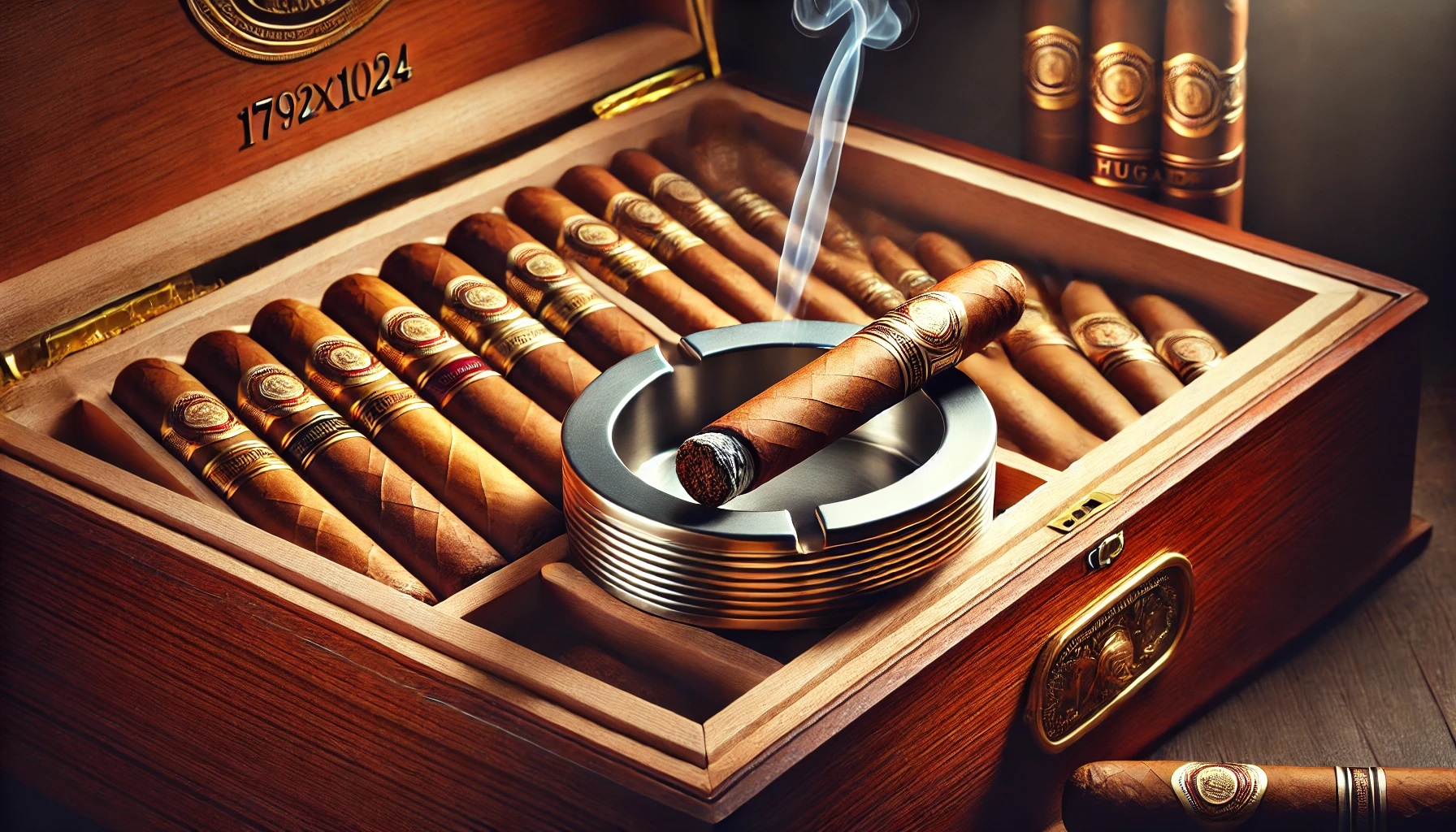 A luxurious wooden humidor with cigars and a lit cigar resting in a polished metal ashtray.