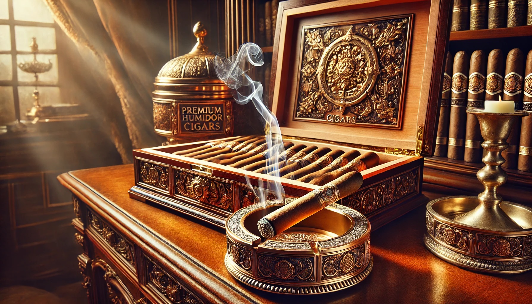 Luxurious wooden humidor filled with cigars, with a lit cigar resting in an ornate ashtray, emitting smoke in warm, golden lighting.