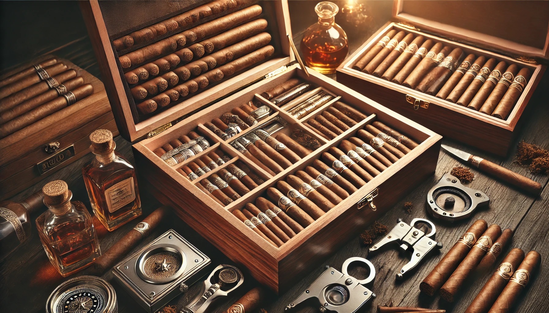 A luxurious wooden humidor box, showcasing a variety of premium cigars alongside sophisticated cigar cutters and accessories, set on a wooden table with warm lighting highlighting the polished tools and textures of the cigars.