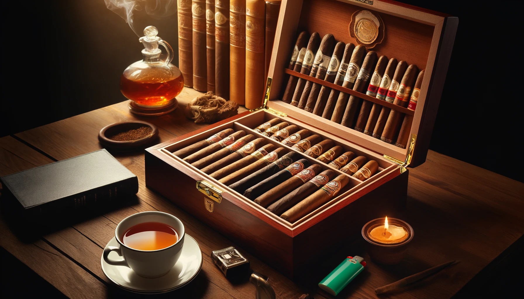 An elegant wooden humidor filled with a selection of mild cigars, displayed on a polished wooden table alongside a cup of tea and a lighter, in a warmly lit, sophisticated setting.