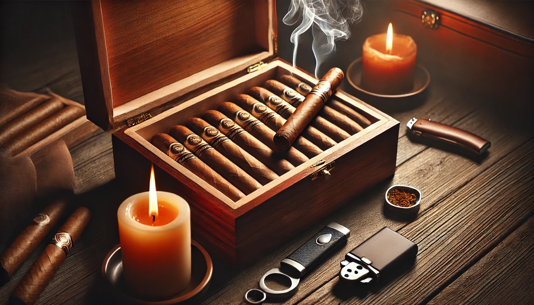 An elegant wooden humidor filled with premium cigars, a single lit cigar resting on an ashtray with smoke curling up, accompanied by a candle and lighter, creating a luxurious and sophisticated ambiance.