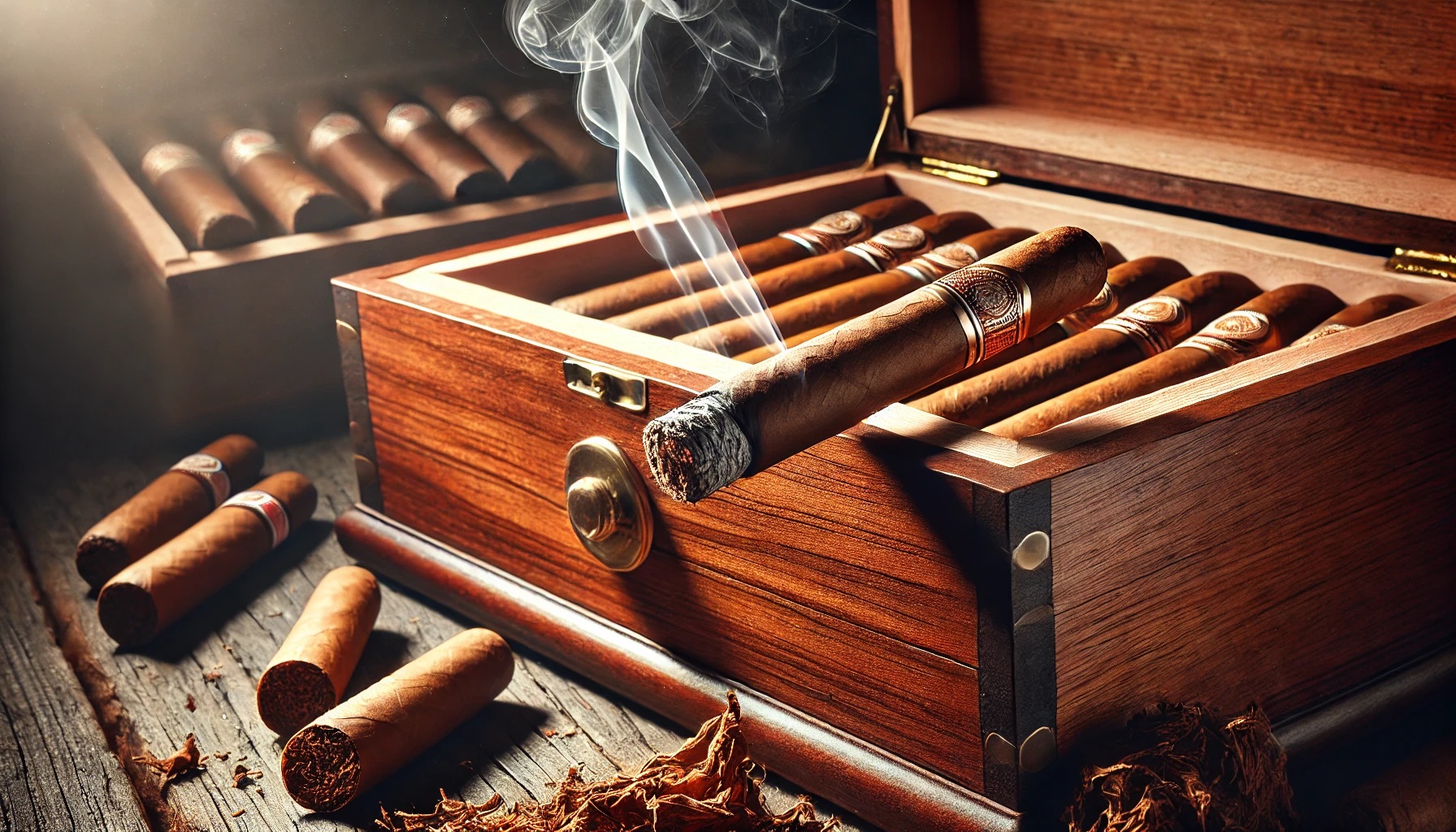 A luxurious wooden humidor filled with premium cigars, with a single lit cigar resting at the edge, emitting a gentle wisp of smoke. The setup is surrounded by a few scattered cigar leaves, creating a rustic and elegant ambiance.