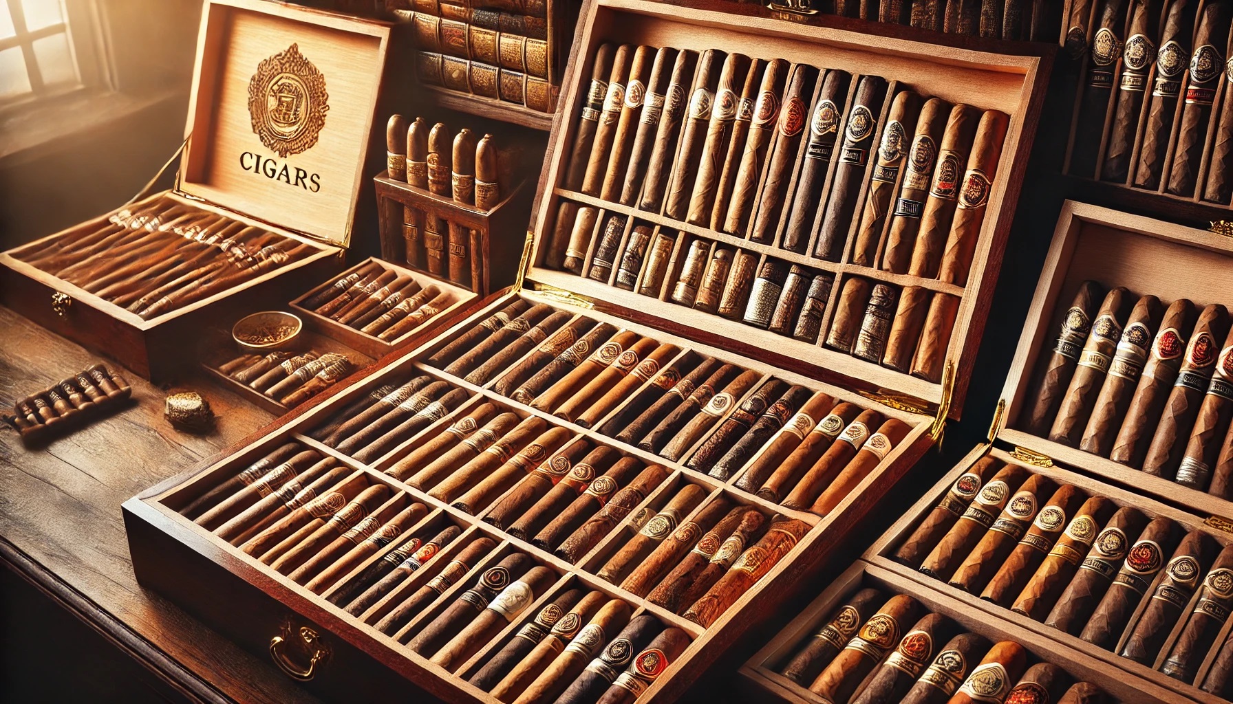 Open humidor box with a selection of premium cigars arranged neatly