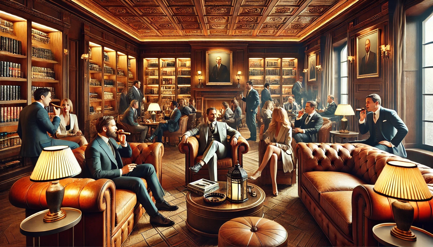 Luxurious cigar lounge with well-dressed patrons seated on leather sofas, enjoying cigars in a refined setting.