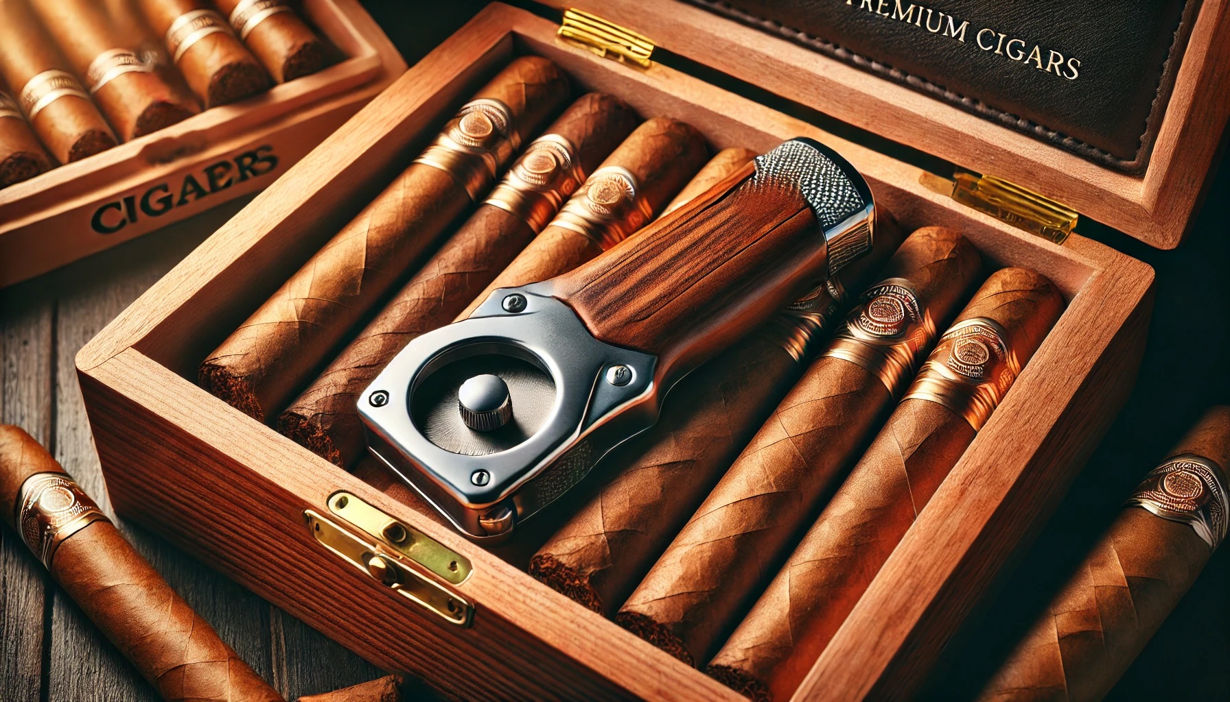 Close-up of a punch cutter tool in a wooden cigar box with premium cigars.