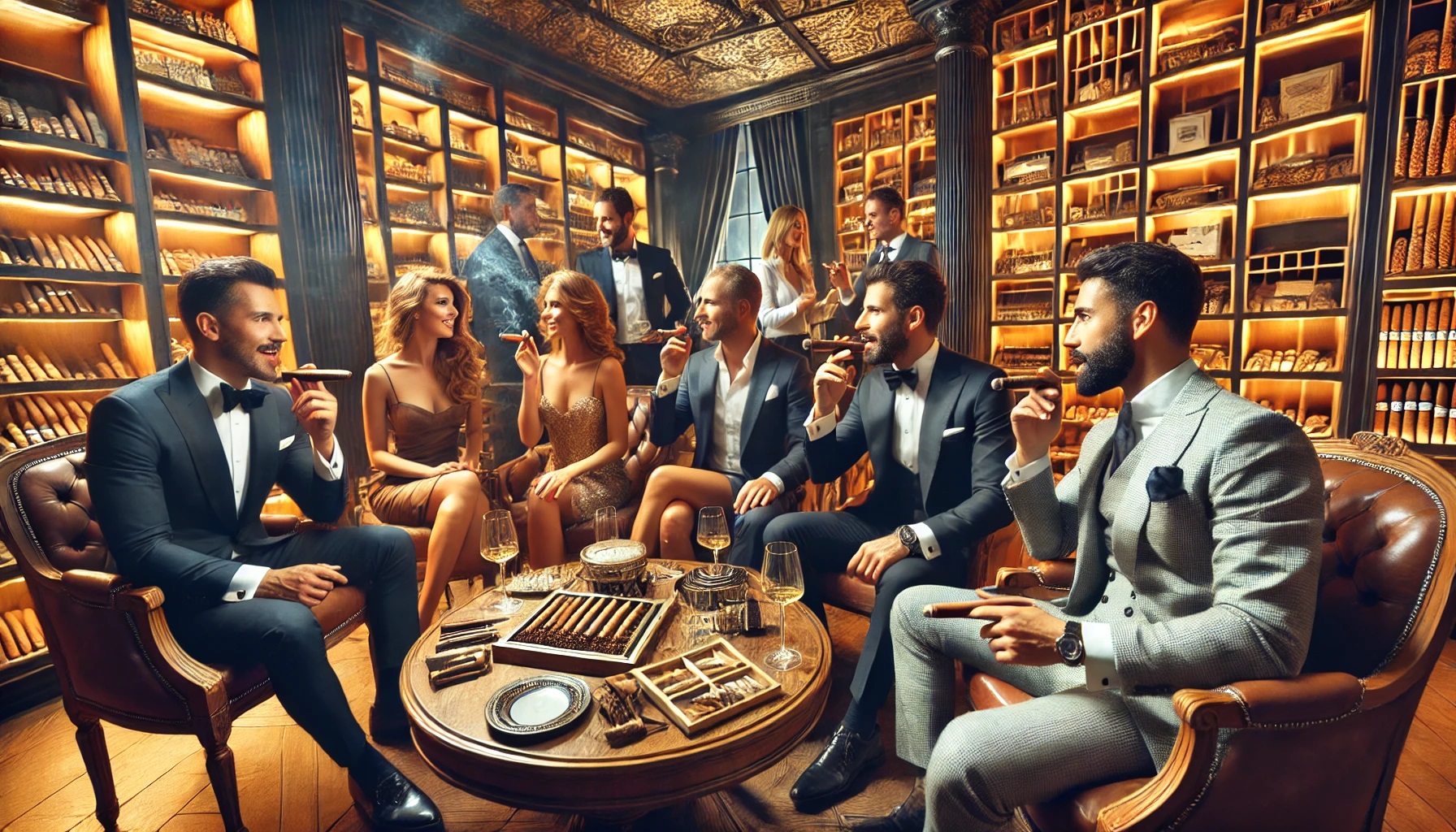 Group of well-dressed people enjoying cigars in a luxurious cigar lounge.