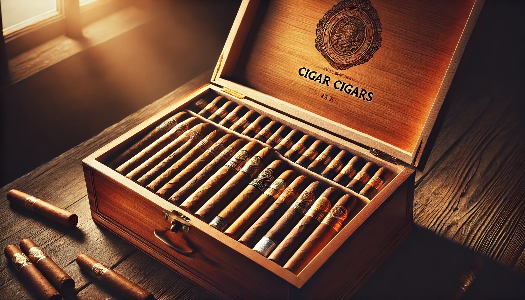 Elegant wooden cigar box filled with a neatly arranged collection of premium cigars.