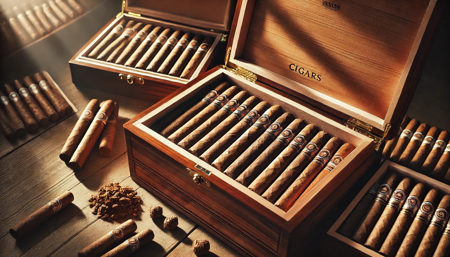 Luxurious wooden humidor filled with premium cigars, with sunlight streaming in.