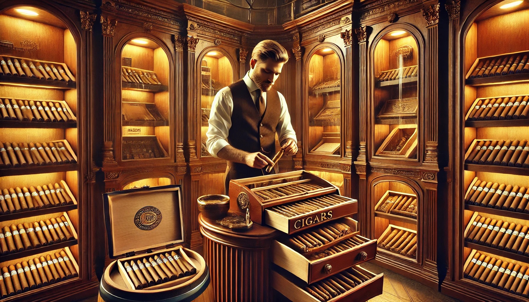 A well-dressed man meticulously rolling cigars by hand in an elegant cigar lounge, surrounded by premium cigars in a luxurious wooden humidor with intricate details