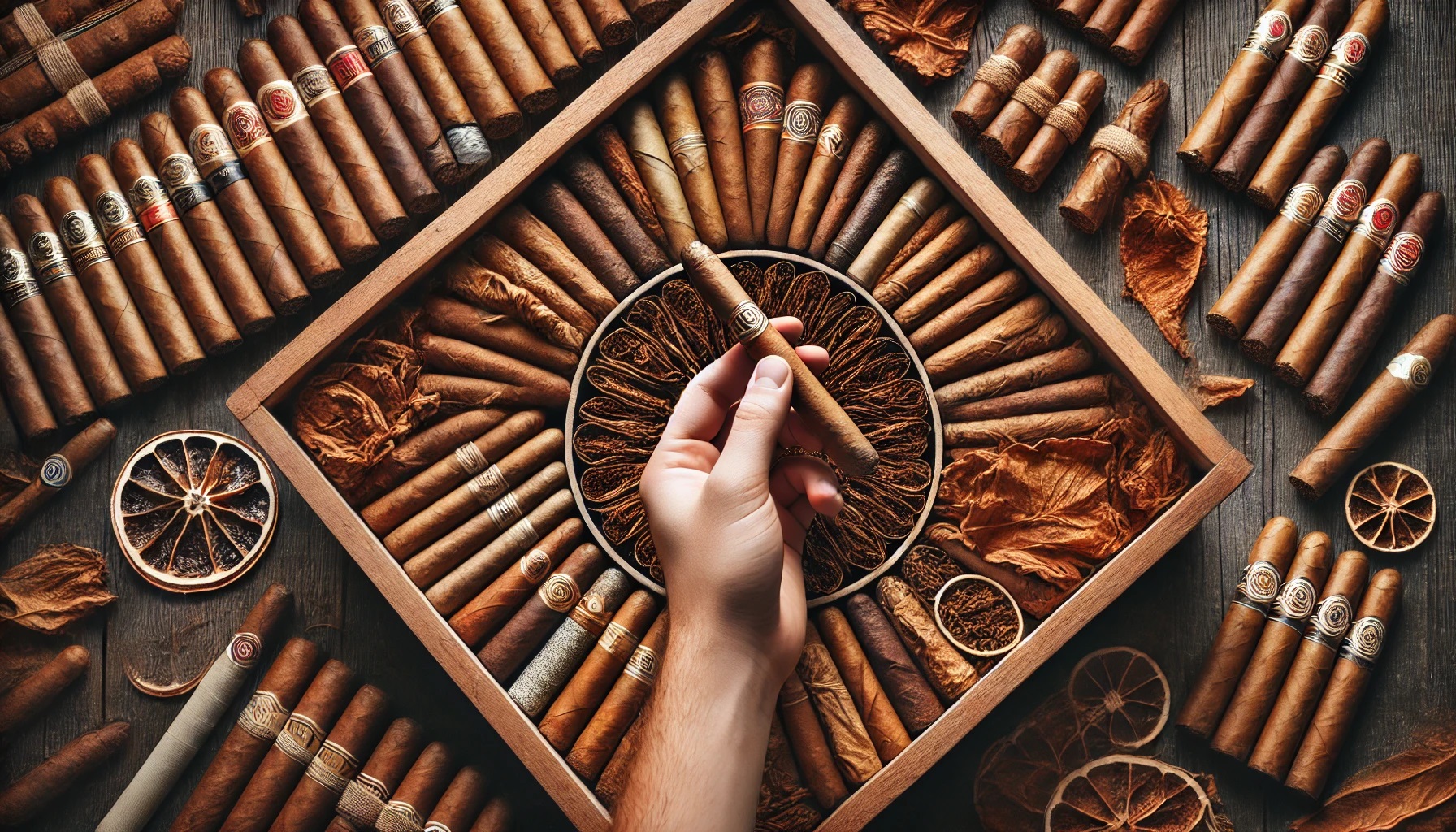 Hand holding a cigar in the center of a wooden humidor filled with assorted cigars and tobacco leaves.