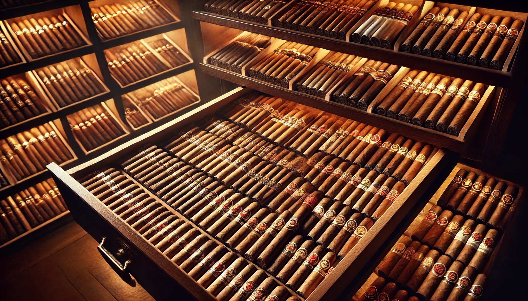 Large wooden humidor drawer with neatly arranged cigars in warm lighting