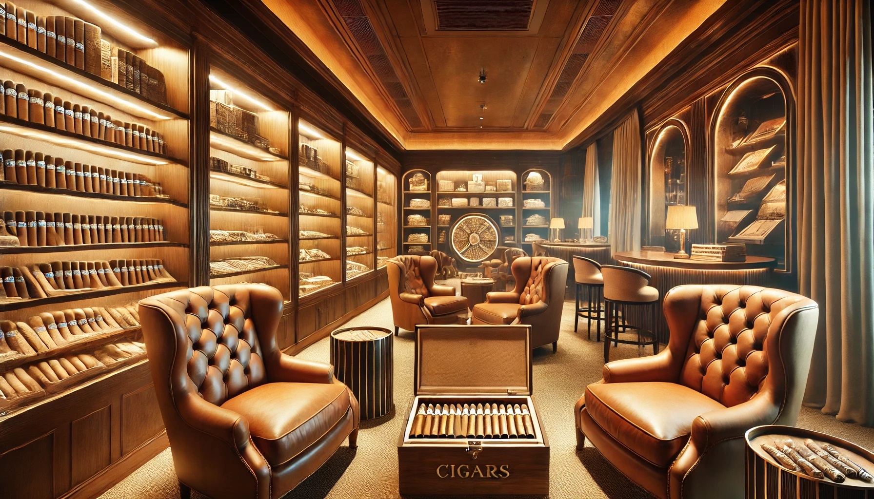 Luxurious cigar lounge with leather armchairs and an open humidor