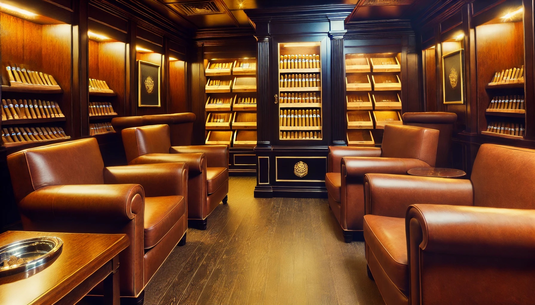 Luxurious cigar lounge with leather chairs and a central humidor.