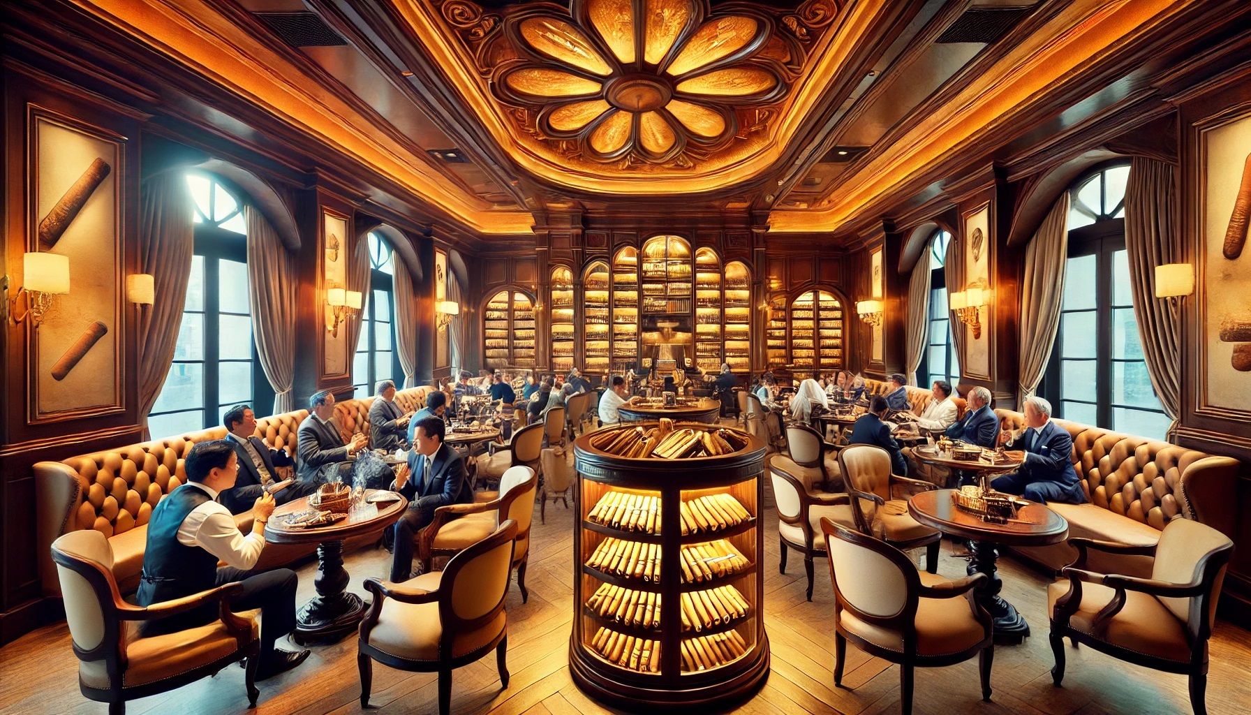 Luxurious cigar lounge with patrons seated around tables, enjoying cigars