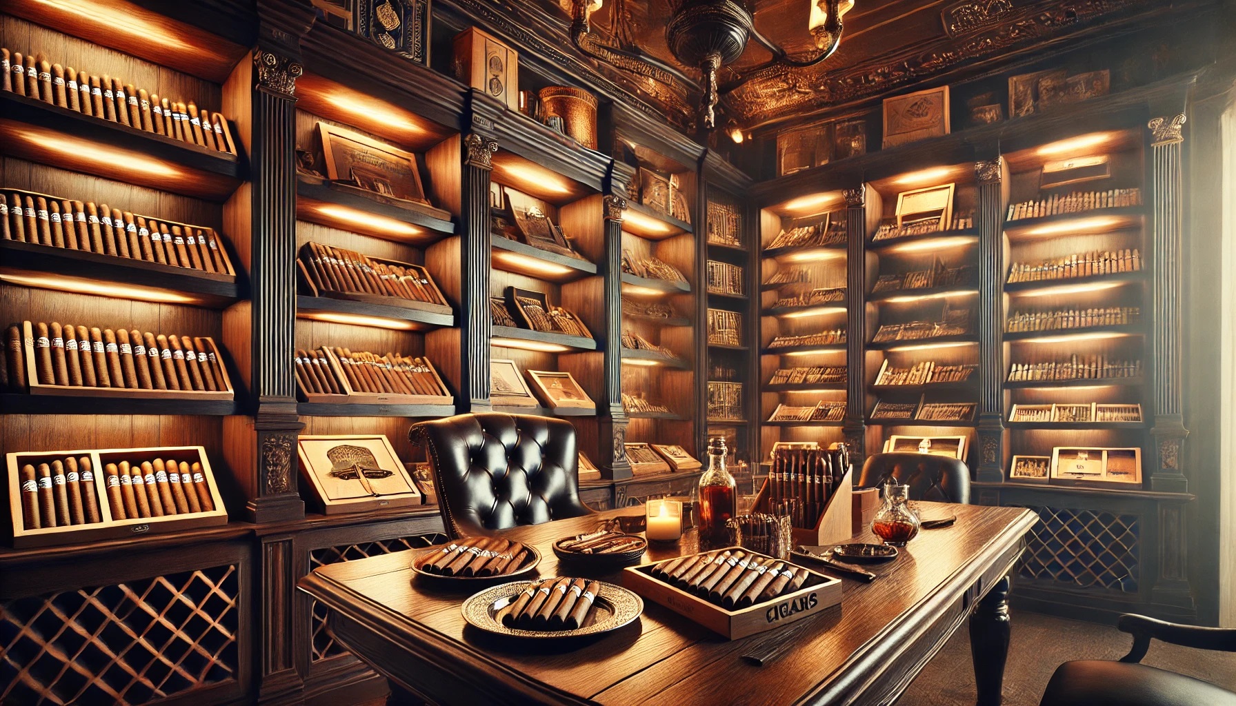 Luxurious cigar room with shelves of cigars and a table set with cigar accessories.