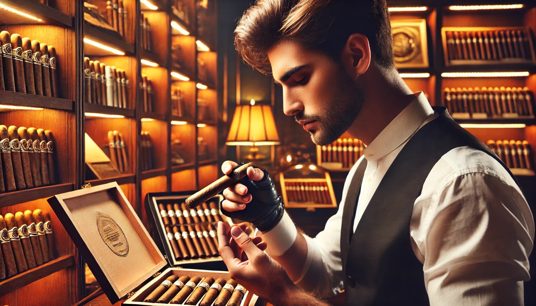 Man adjusting a cigar draw in a luxurious cigar room