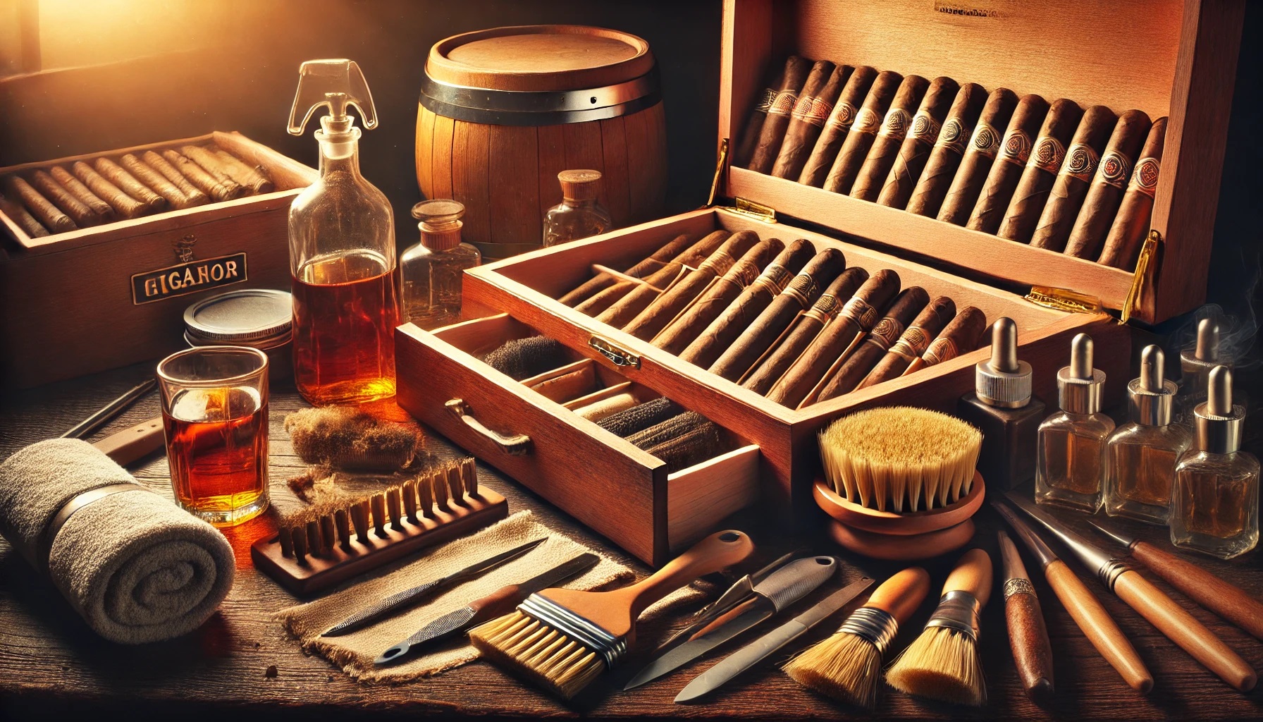 Open cigar humidor with cleaning tools and supplies on a table