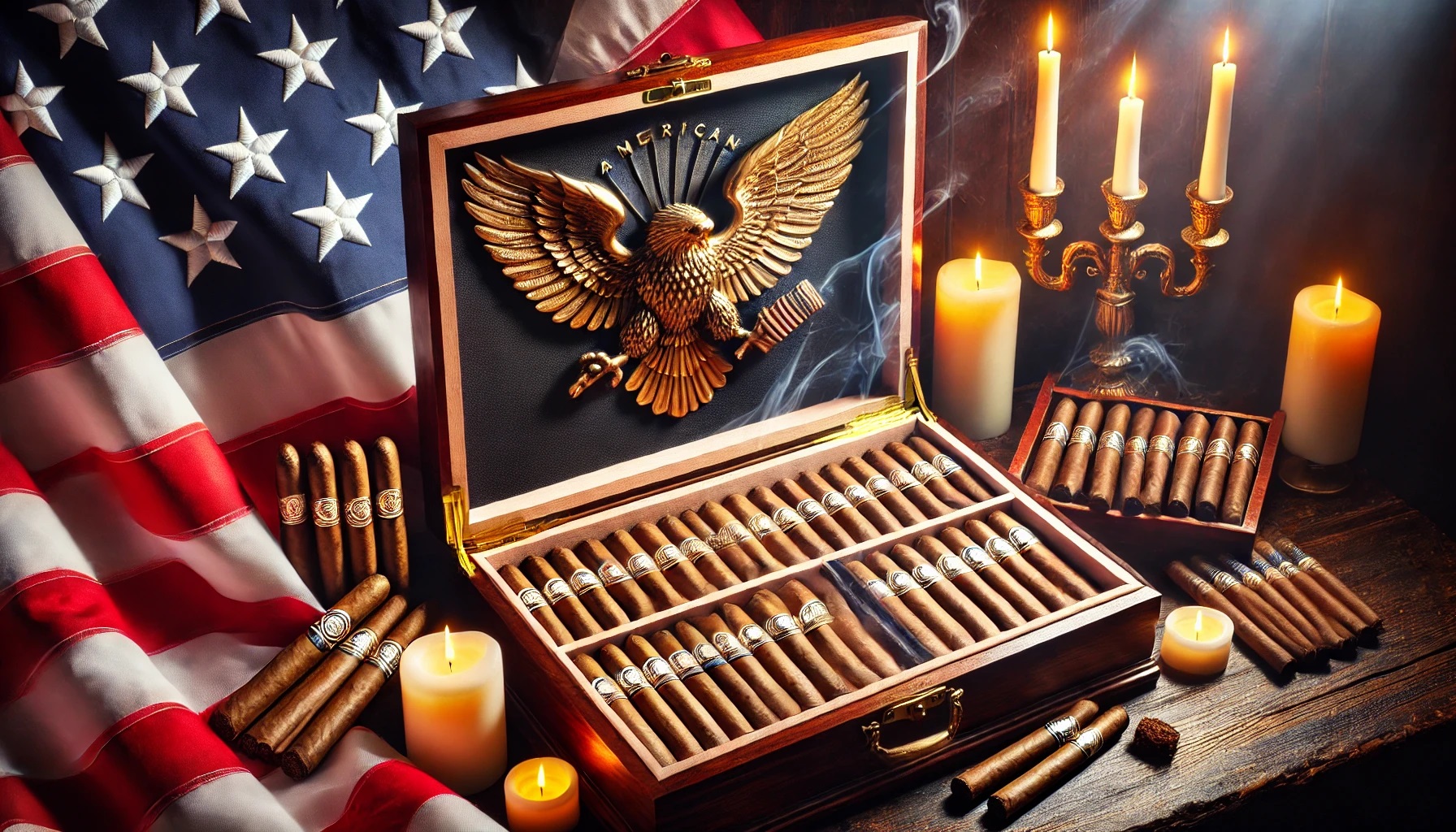 Open humidor with cigars, American flag, and eagle emblem, surrounded by candles