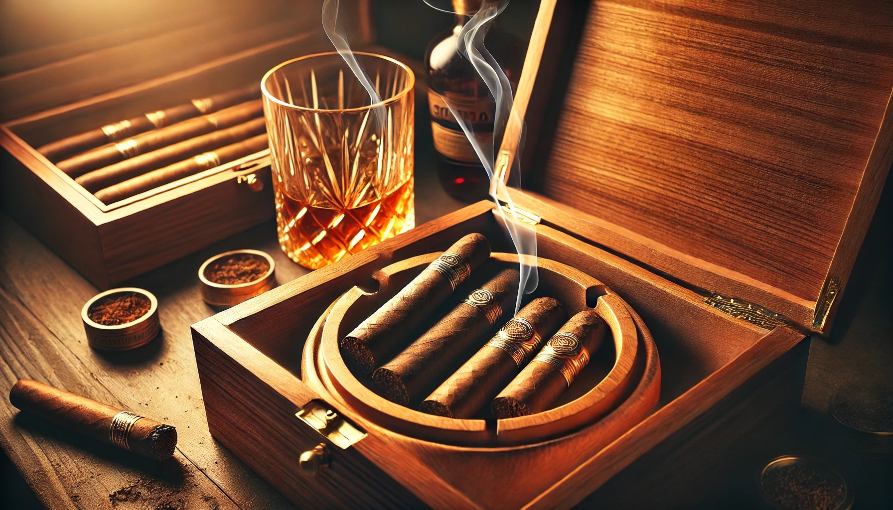 Wooden ashtray with cigars, humidor, and glass of whiskey