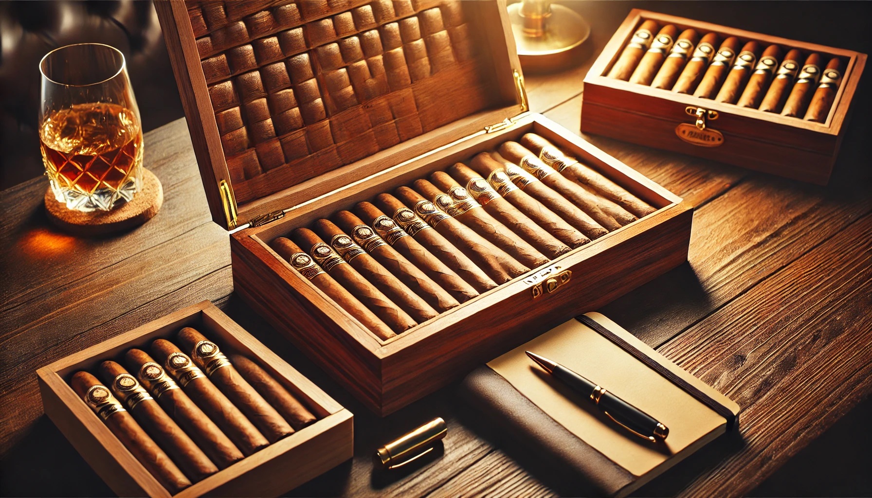 Wooden cigar box with cigars, notebook, and pen on a table