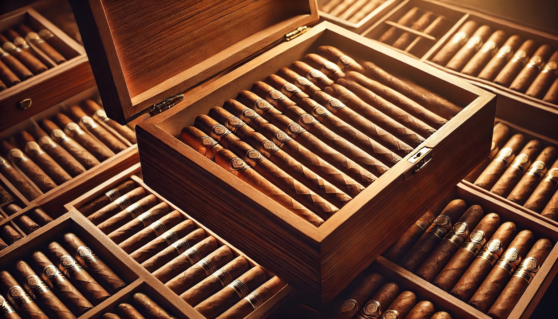 Wooden humidor filled with neatly arranged cigars, warmly lit