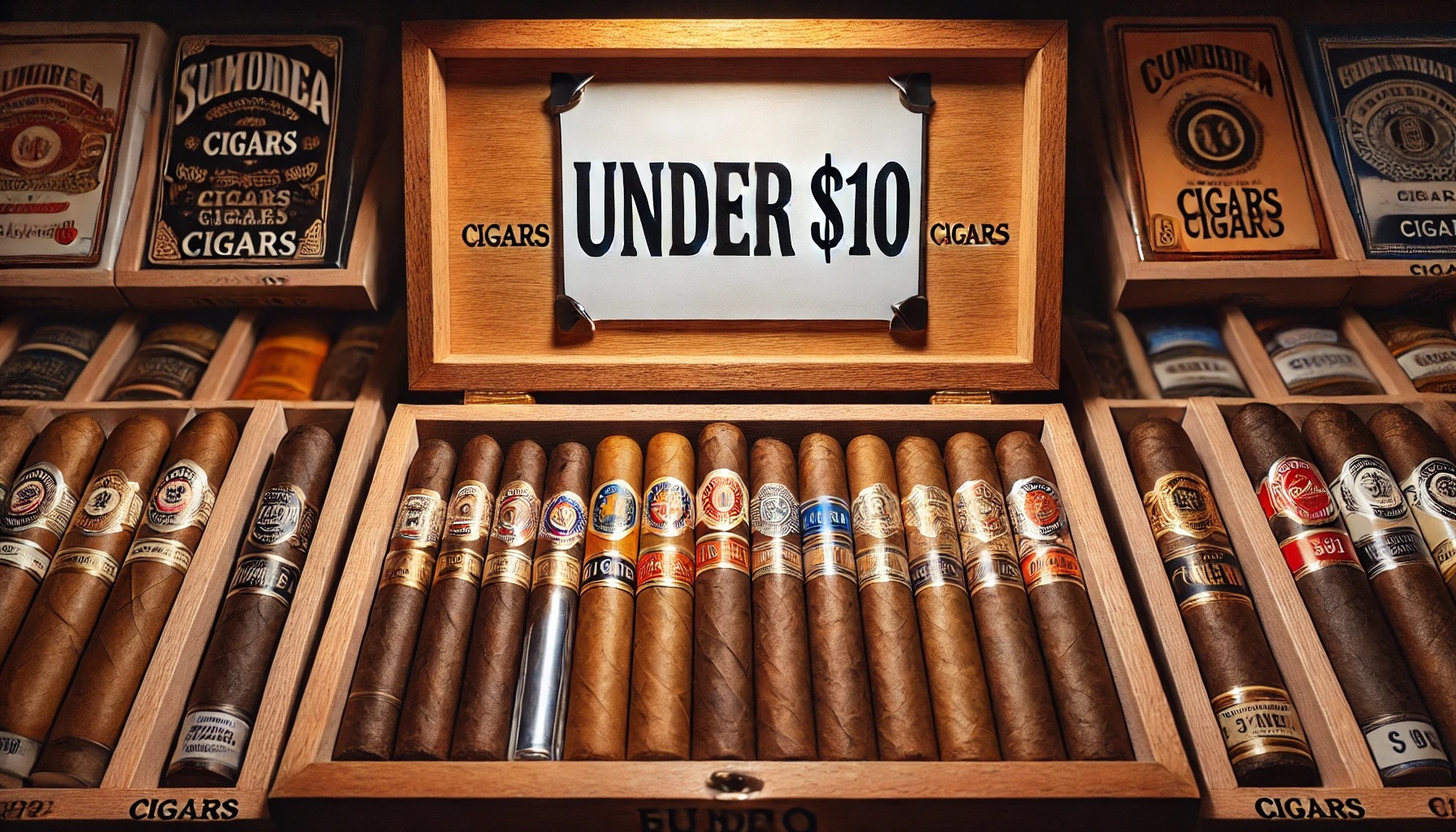 Wooden humidor with a selection of cigars labeled 'Under $10