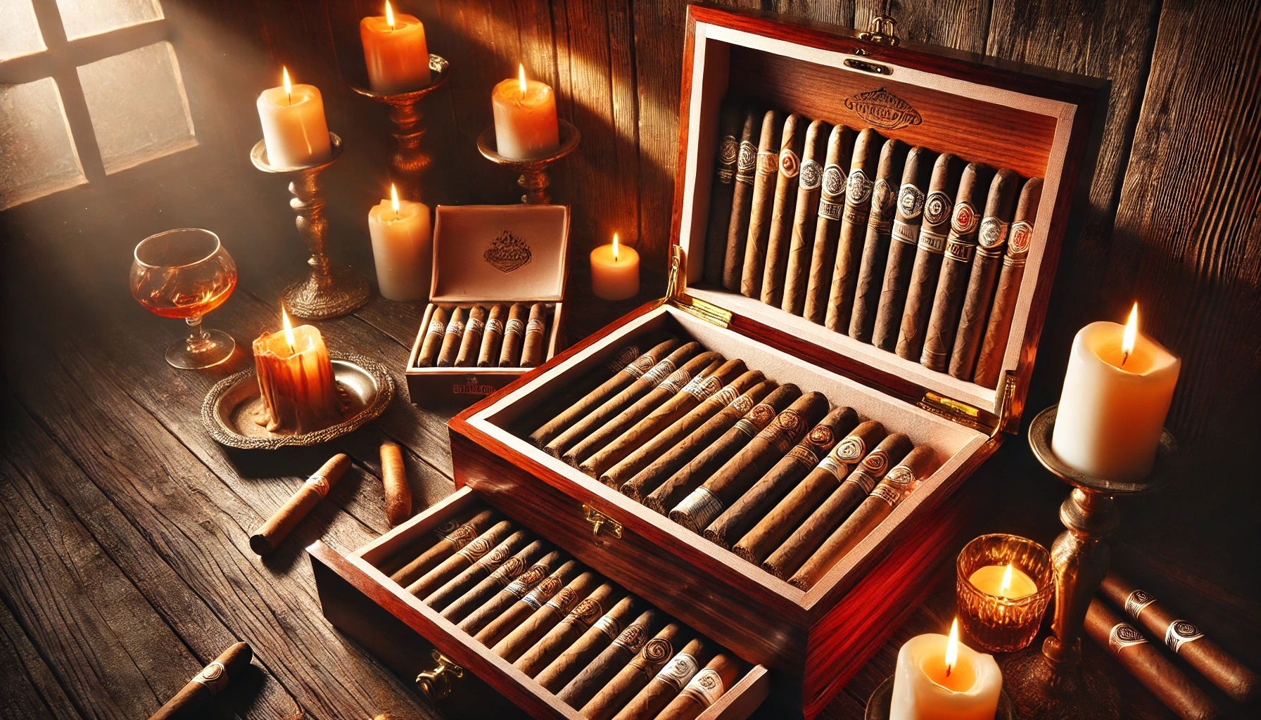 Wooden humidor with cigars and candles on a table