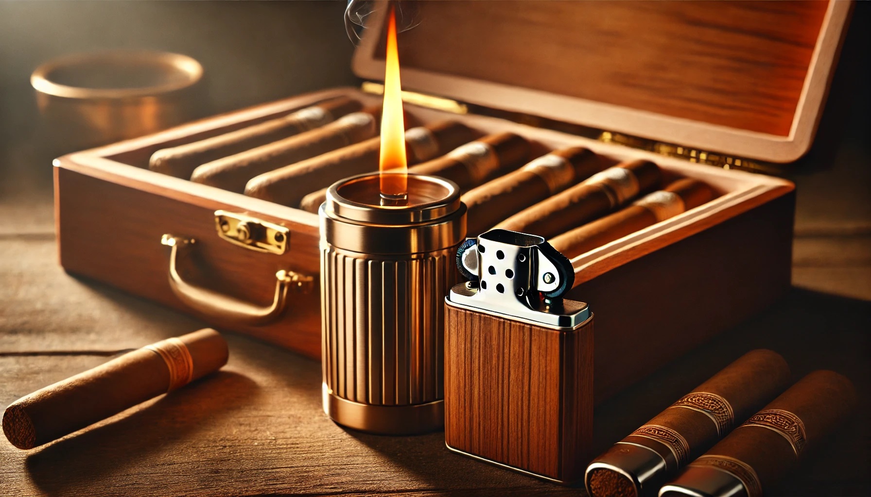 Wooden humidor with cigars, torch lighter, and soft flame lighter side by side