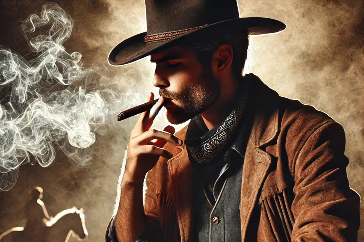 Rugged cowboy wearing a hat and smoking a cigar with smoke swirling around, set against a vintage Western desert landscape.