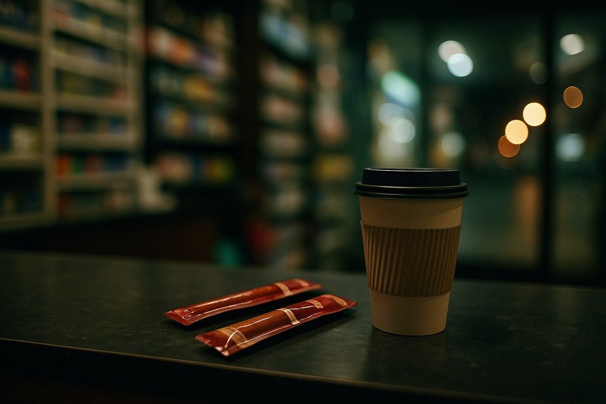 Cigarillos on a convenience store checkout counter at night with the store blurred behind