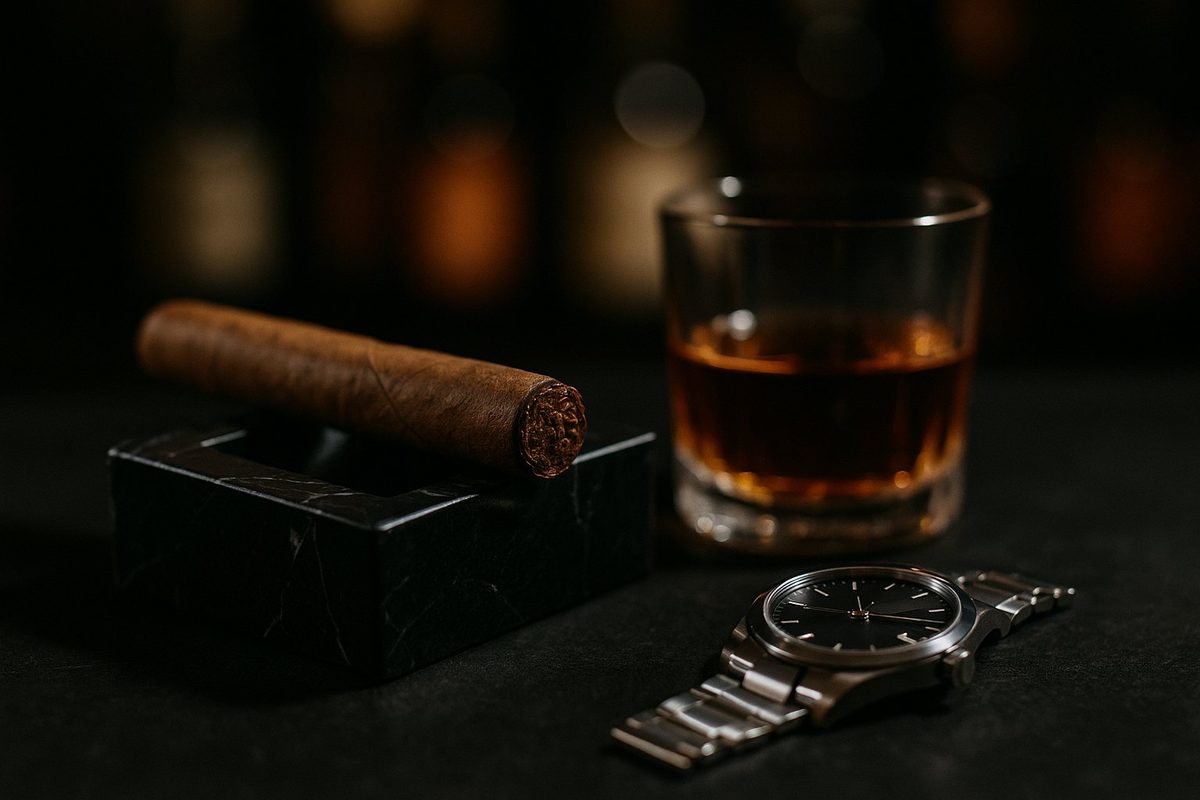 Andrew Tate's cigar style: a thick cigar resting on a black marble ashtray beside a whisky tumbler