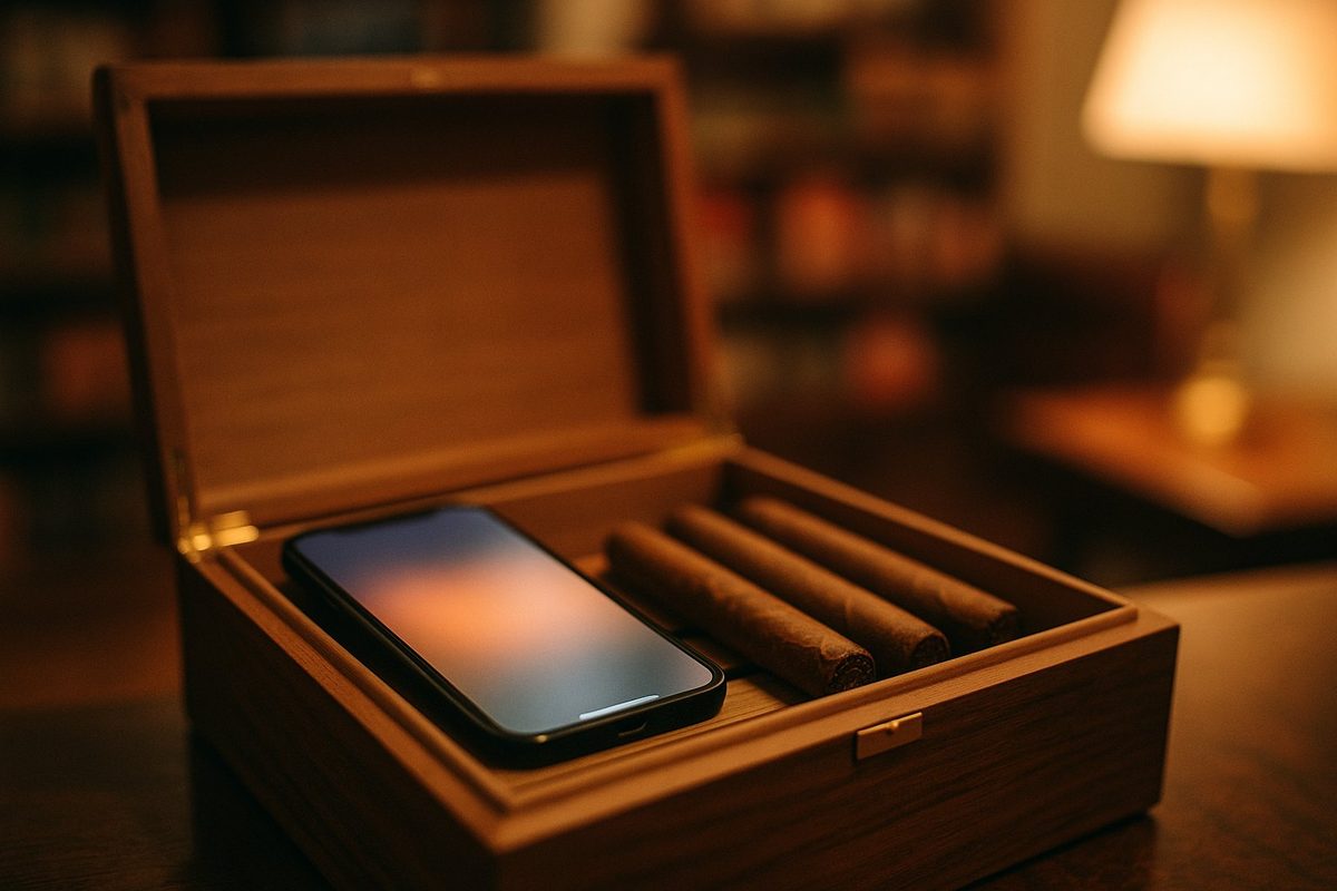 Smartphone resting on an open walnut humidor lid beside three cigars