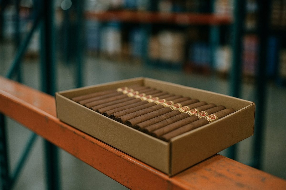 Boxed cigars on a warehouse club pallet rack with the aisle blurred behind