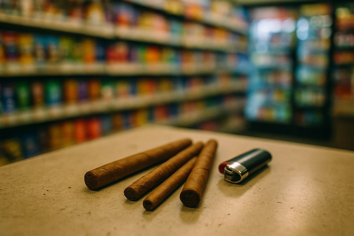 Cigars and a lighter on a convenience store counter with the tobacco shelf blurred behind