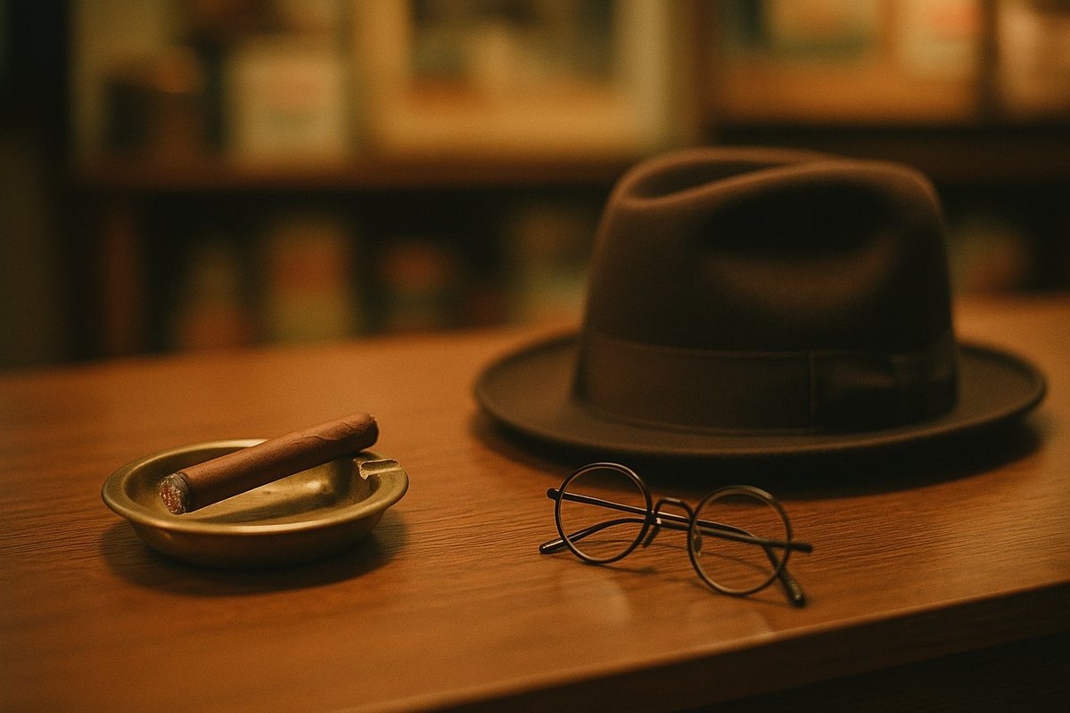 Cigar in a brass ashtray beside round spectacles and a felt hat on a wooden desk