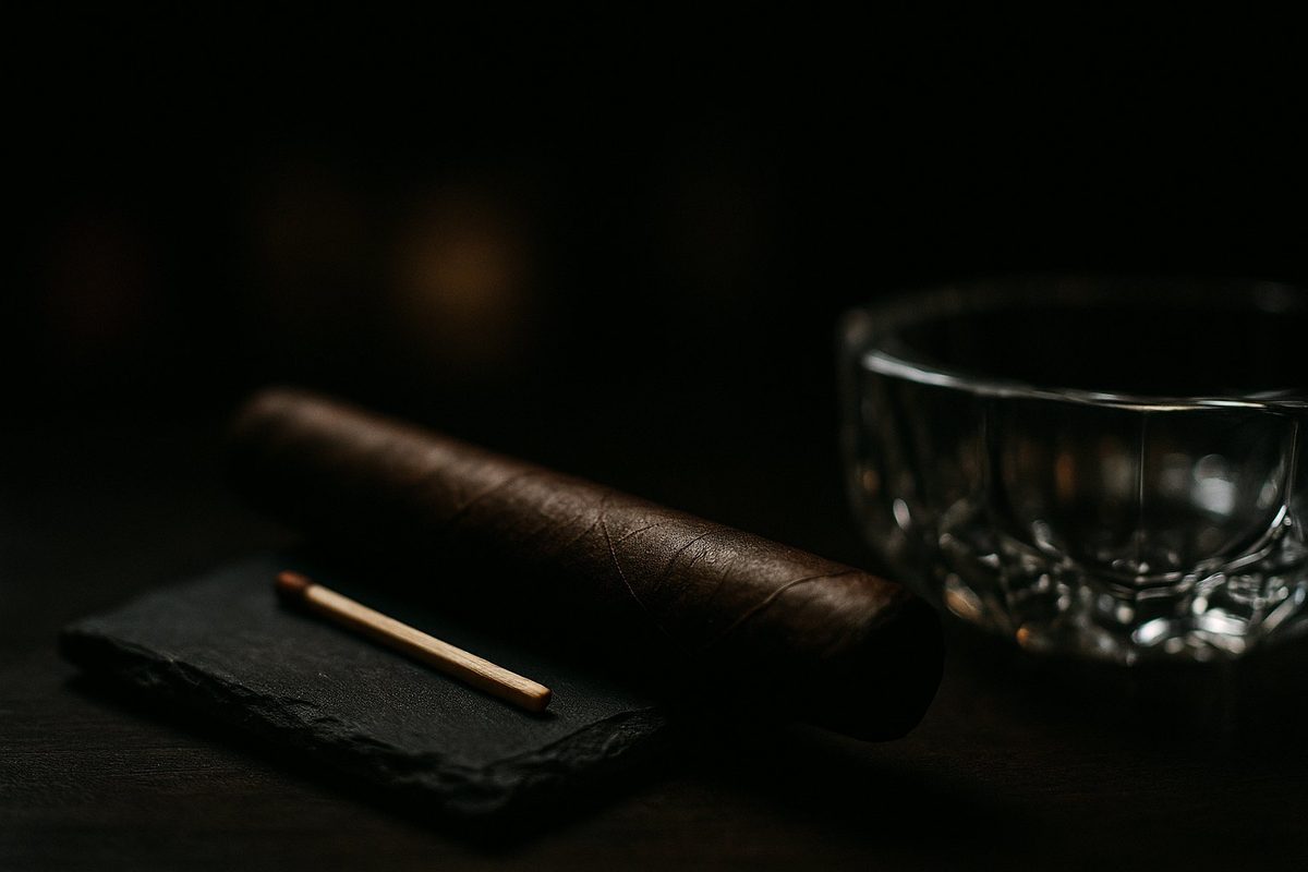 Dark maduro robusto cigar resting on a slate coaster beside a crystal ashtray